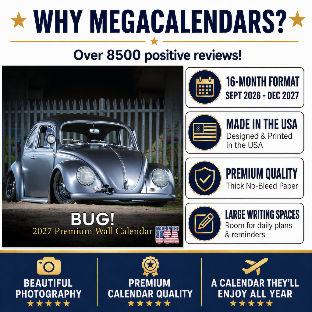 Vintage Bug Wall Calendar 2027 - 12" x 12" Monthly Classic Car Calendar