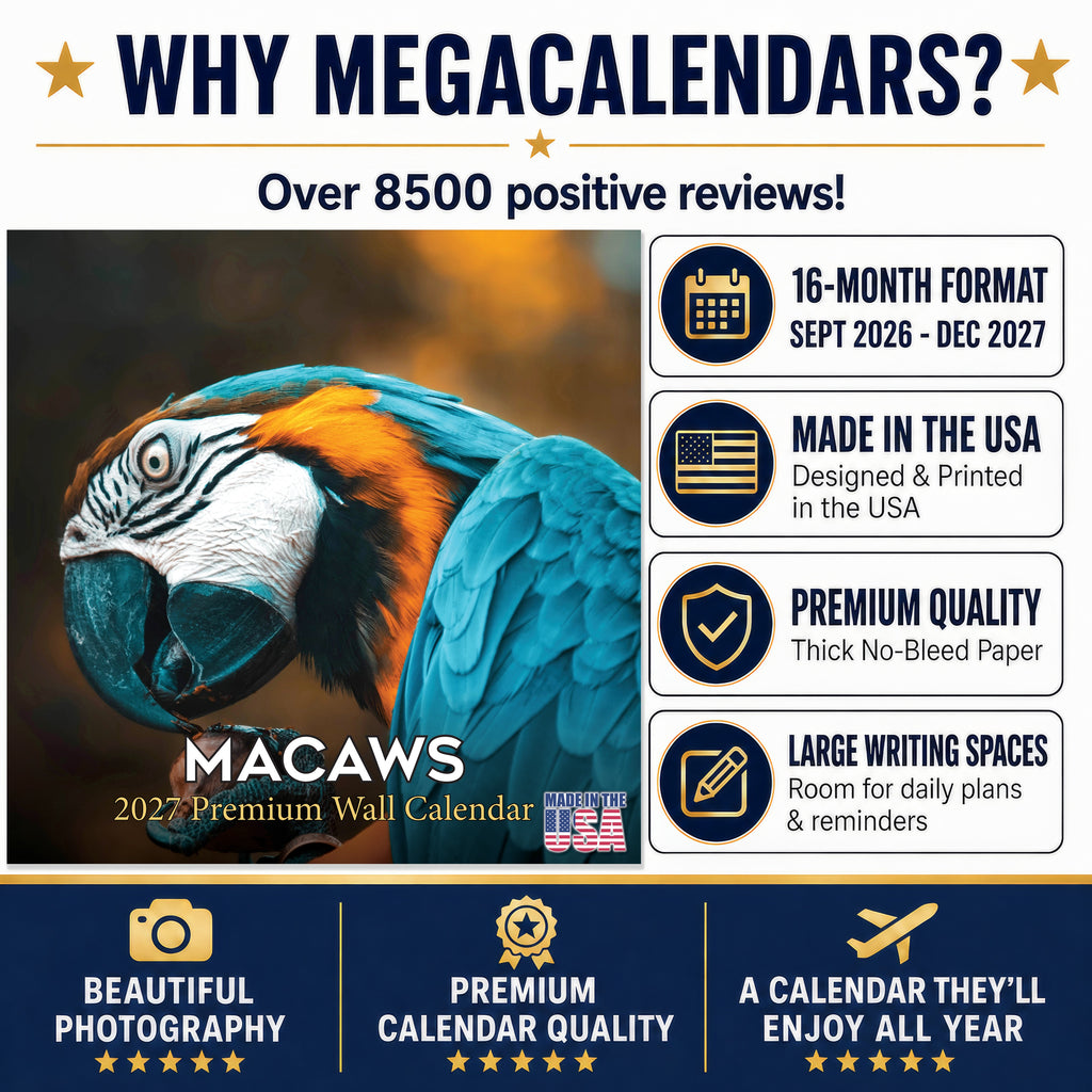Macaws Wall Calendar 2027 - 12" x 12" Monthly Bird Breed Calendar