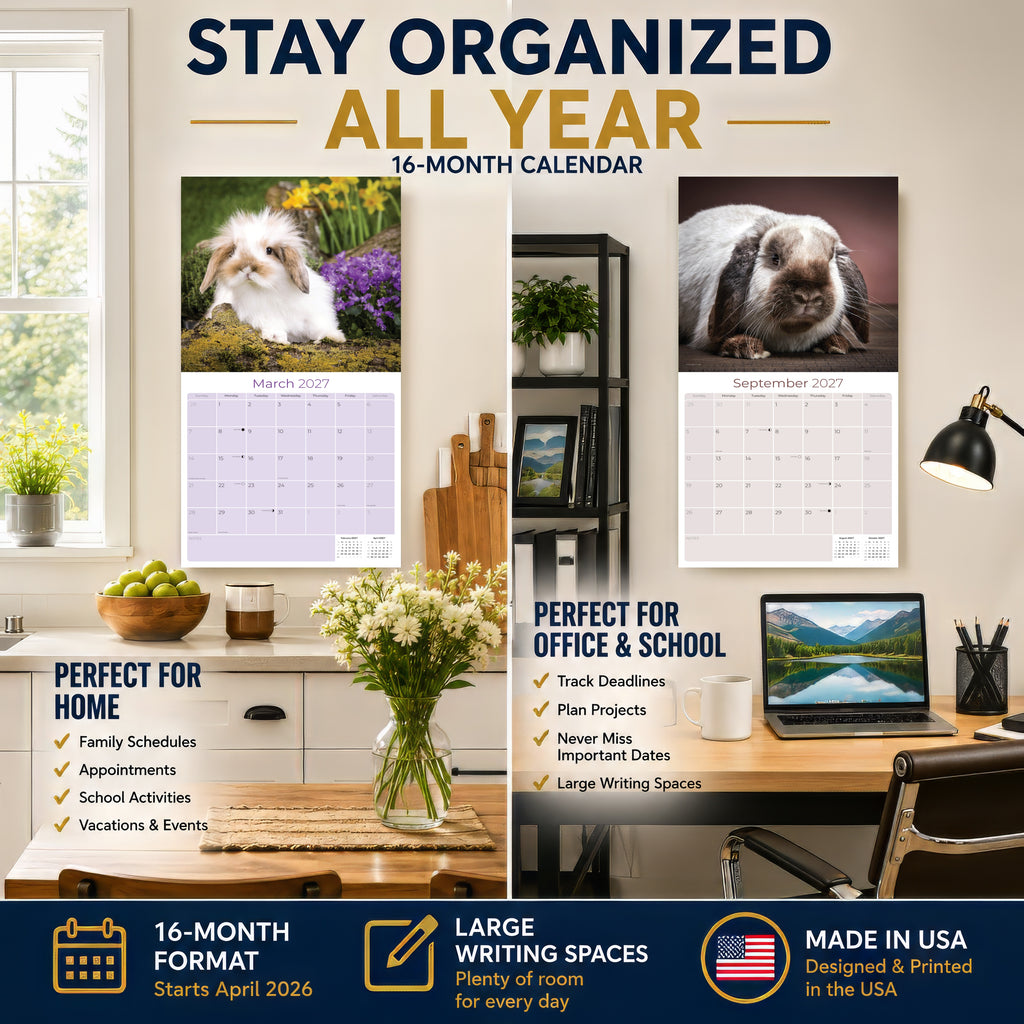 Lop Eared Rabbit Wall Calendar 2027 - 12" x 12" Monthly Fluffy Drop-Eared Bunnies & Cute Pet Rabbit Calendar