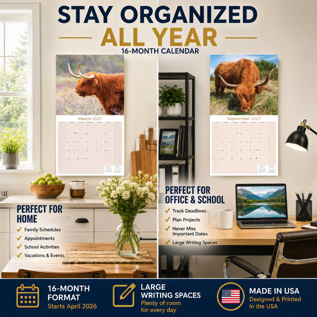 Highland Cows Wall Calendar 2027 - 12" x 12" Monthly Rustic Cattle & Scottish Highland Cow Calendar
