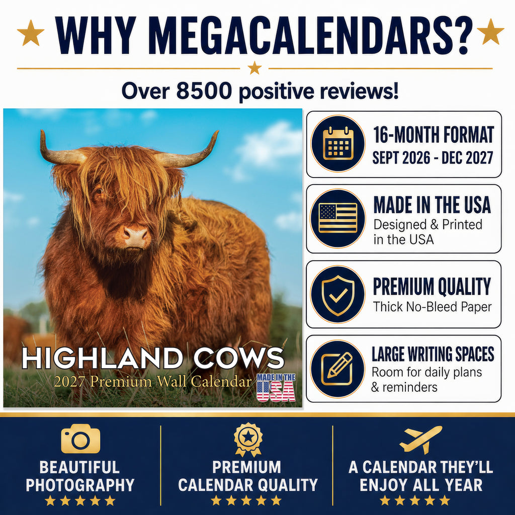 Highland Cows Wall Calendar 2027 - 12" x 12" Monthly Rustic Cattle & Scottish Highland Cow Calendar