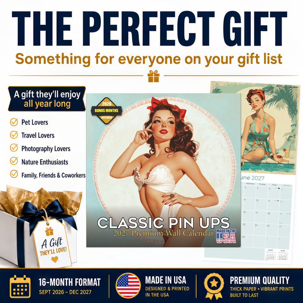 Classic Pin Ups Wall Calendar 2027 - 12" x 12" Monthly Retro Americana & Vintage Bikini Fine Art Calendar