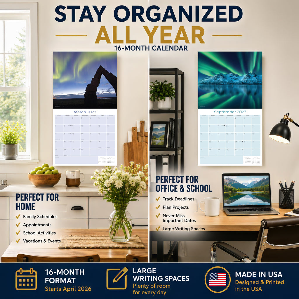Northern Lights Wall Calendar 2027 - 12" x 12" Monthly Majestic Aurora Borealis & Night Sky Scenery Calendar