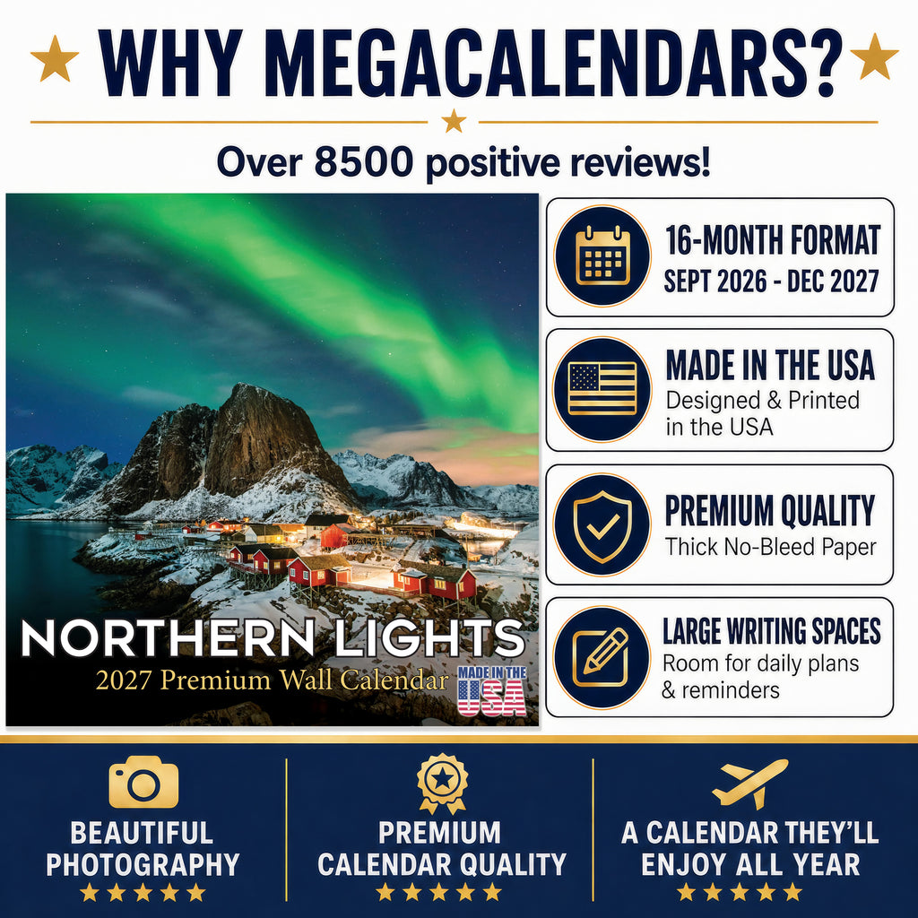 Northern Lights Wall Calendar 2027 - 12" x 12" Monthly Majestic Aurora Borealis & Night Sky Scenery Calendar