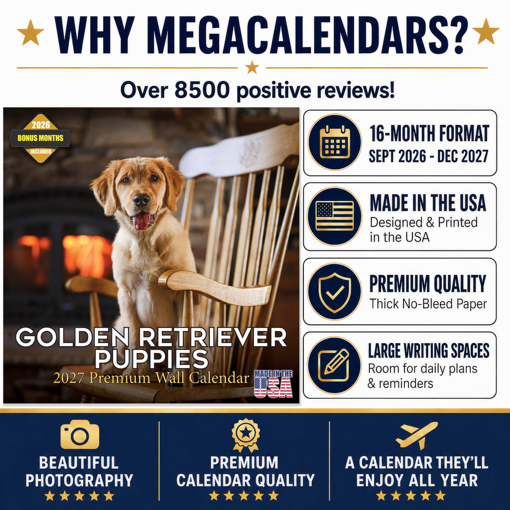 Golden Retriever Puppies Wall Calendar 2027 - 12" x 12" Monthly Adorable Golden Retriever Puppy Companion Calendar