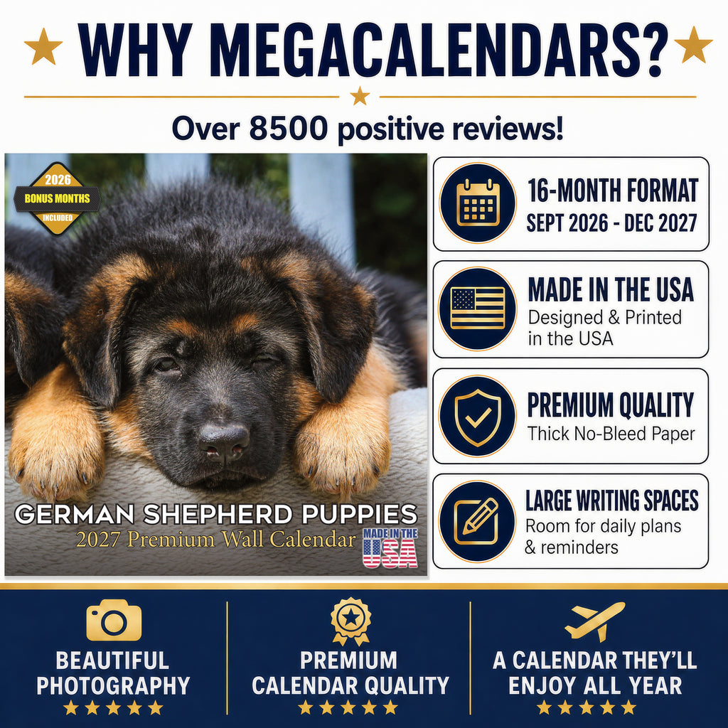 German Shepherd Puppies Wall Calendar 2027 - 12" x 12" Monthly Heartwarming GSD Puppy & Fluffy Shepherd Cub Calendar
