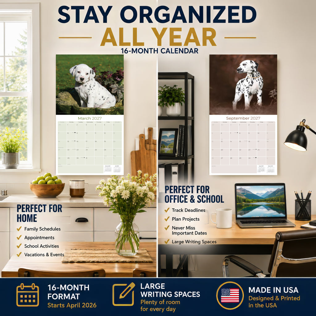 Dalmatian Puppies Wall Calendar 2027 - 12" x 12" Monthly Heartwarming Spotted Dalmatian Puppy Art Calendar