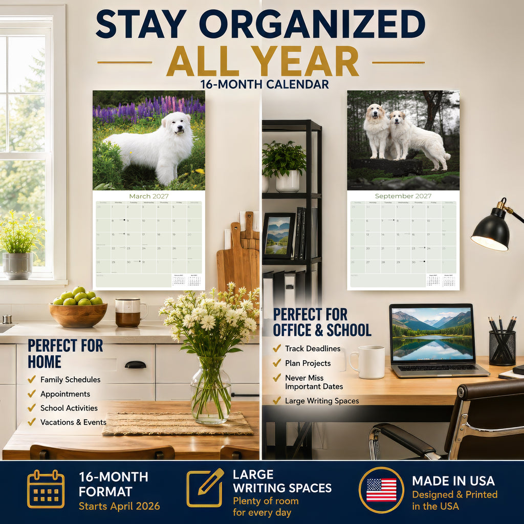 Great Pyrenees Wall Calendar 2027 - 12" x 12" Monthly Noble Pure-White Livestock Guardian Mountain Dog Calendar