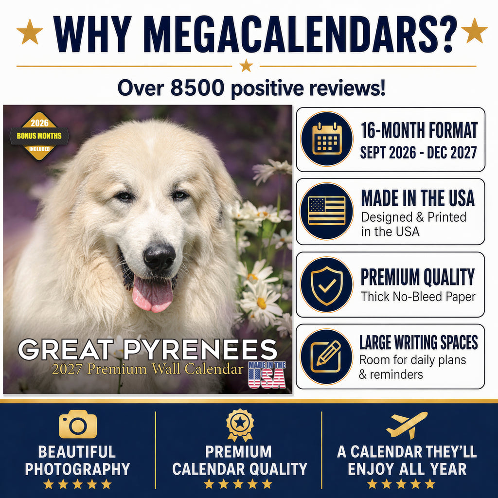 Great Pyrenees Wall Calendar 2027 - 12" x 12" Monthly Noble Pure-White Livestock Guardian Mountain Dog Calendar
