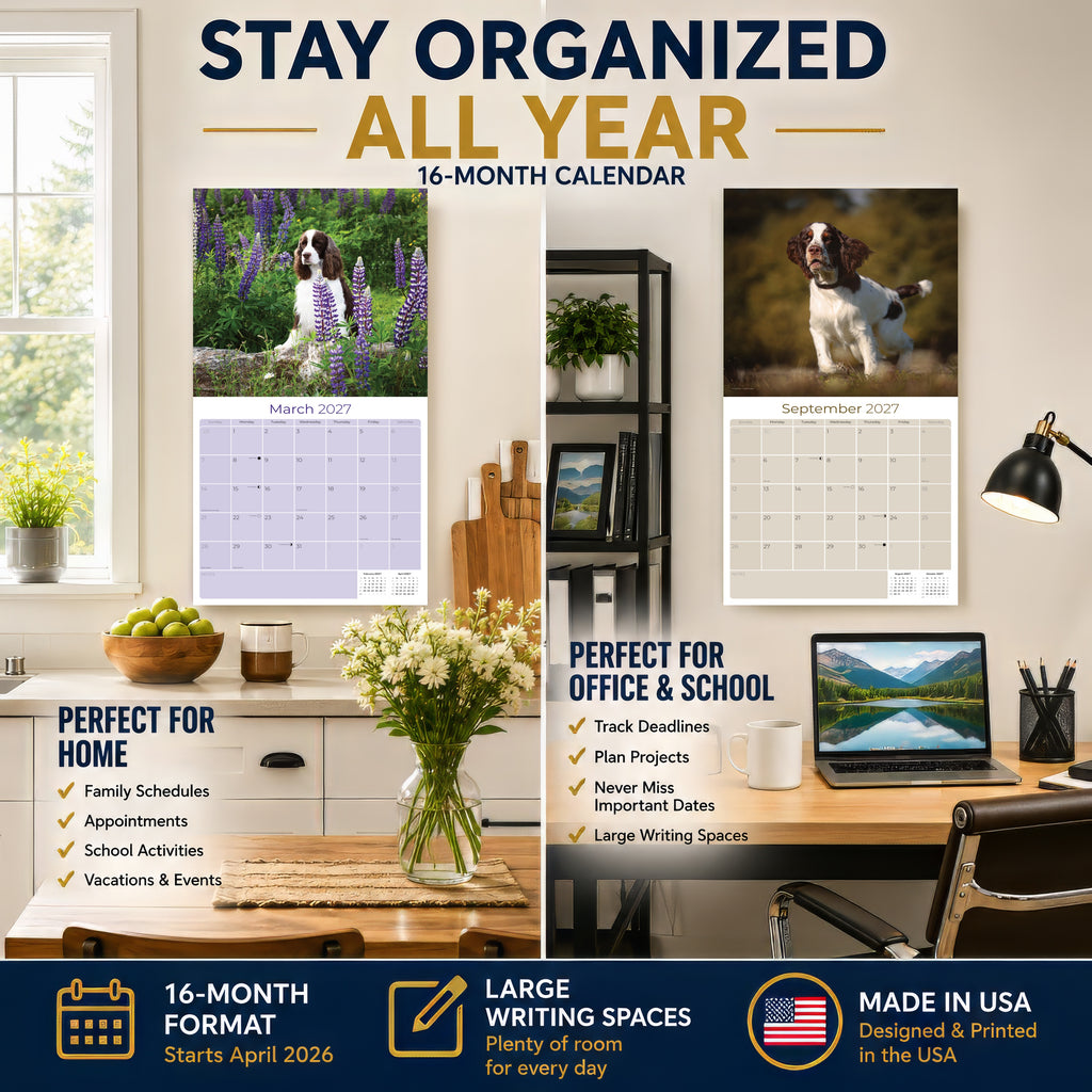 English Springer Spaniel (US) Wall Calendar 2027 - 12" x 12" Monthly Loyal American Springer Spaniel Gundog Breed Calendar