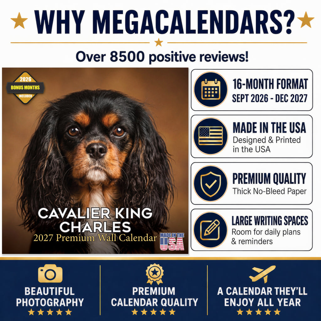 Cavalier King Charles Spaniel Wall Calendar 2027 - 12" x 12" Monthly Gentle Royal Toy Spaniel Breed Calendar
