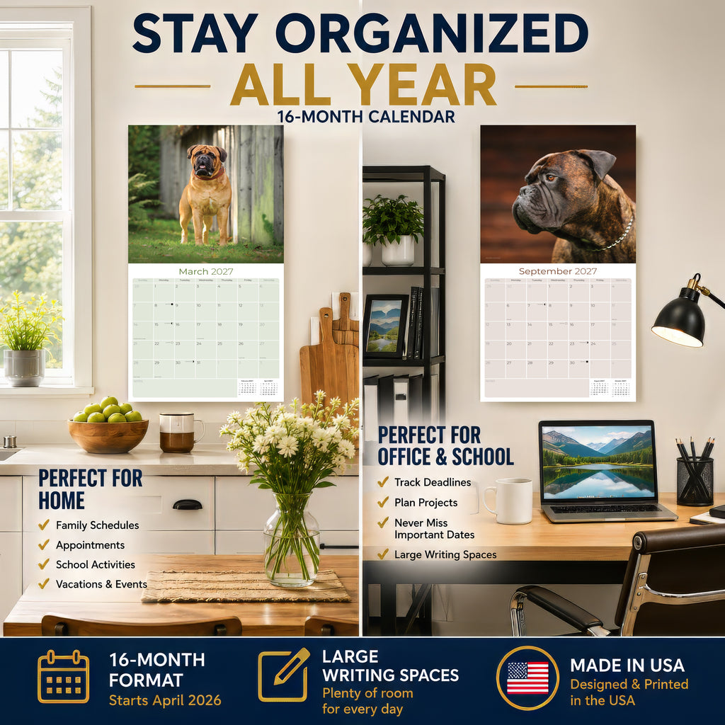 Bullmastiff Wall Calendar 2027 - 12" x 12" Monthly Brave Affectionate Giant Guard Dog Calendar
