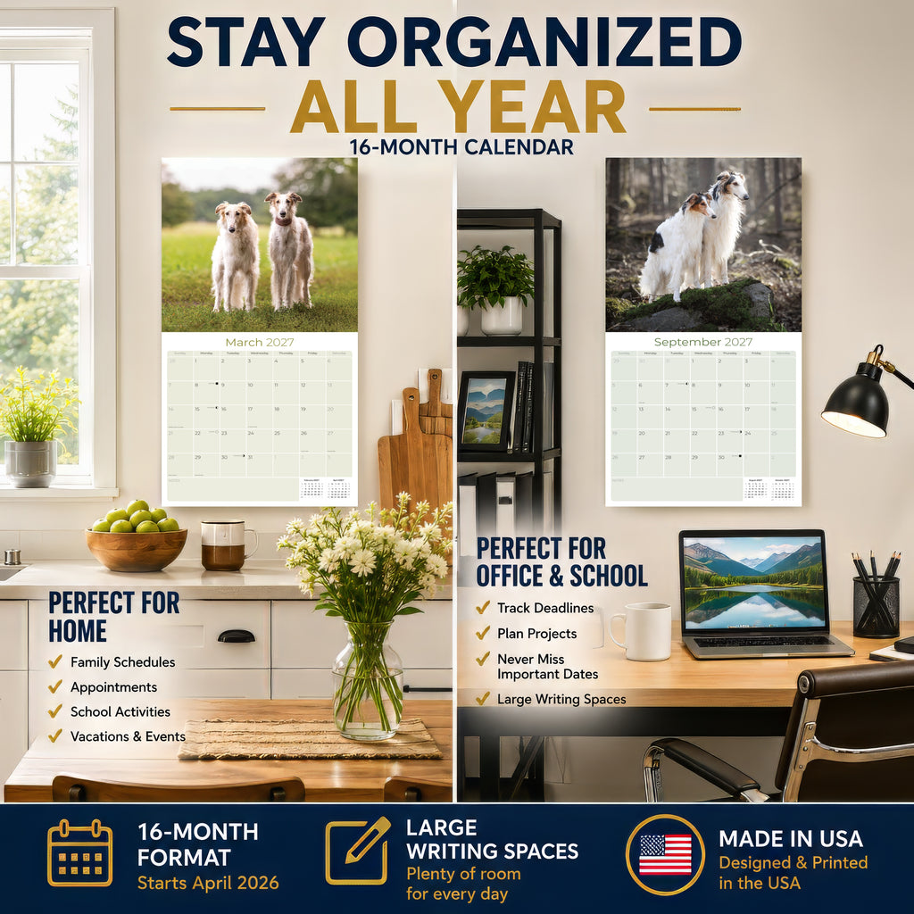 Borzoi Wall Calendar 2027 - 12" x 12" Monthly Regal Graceful Russian Sighthound Calendar