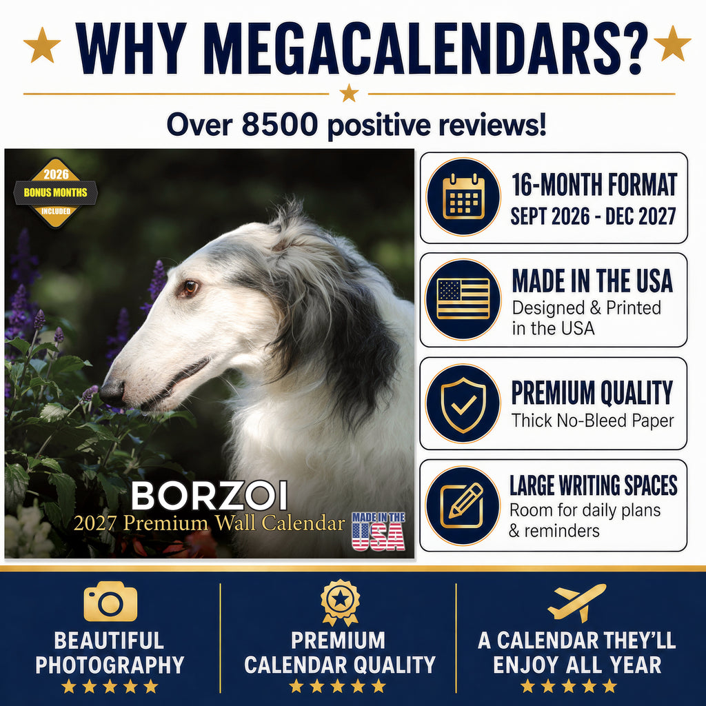 Borzoi Wall Calendar 2027 - 12" x 12" Monthly Regal Graceful Russian Sighthound Calendar