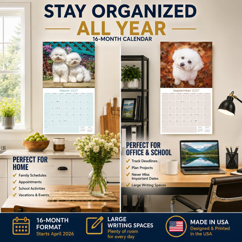 Bichon Frise Wall Calendar 2027 - 12" x 12" Monthly Cheerful Fluffy Toy Dog Breed Calendar
