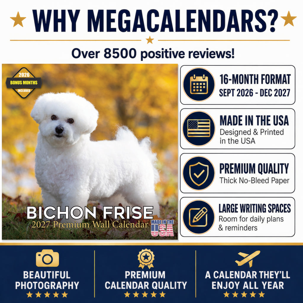 Bichon Frise Wall Calendar 2027 - 12" x 12" Monthly Cheerful Fluffy Toy Dog Breed Calendar