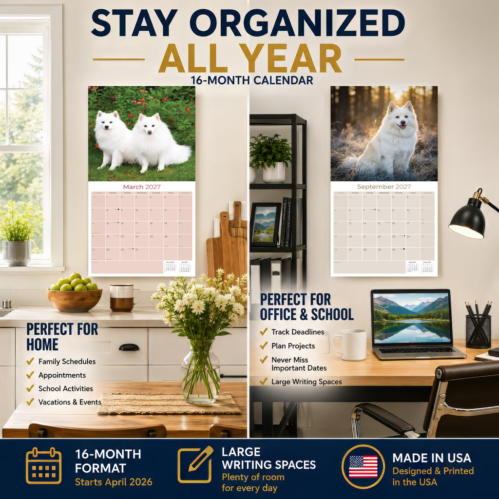 American Eskimo Dog Wall Calendar 2027 - 12" x 12" Monthly Spitz Breed & White Eskie Dog Calendar