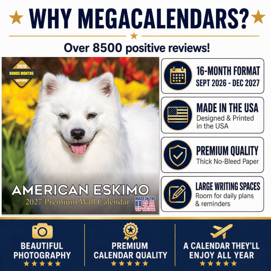 American Eskimo Dog Wall Calendar 2027 - 12" x 12" Monthly Spitz Breed & White Eskie Dog Calendar