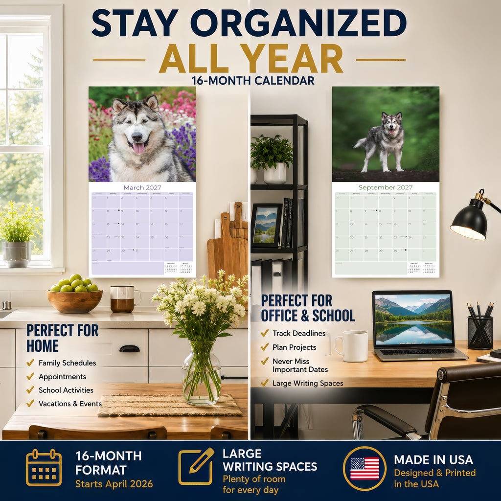 Alaskan Malamute Wall Calendar 2027 - 12" x 12" Monthly Arctic Sled Dog & Working Breed Calendar