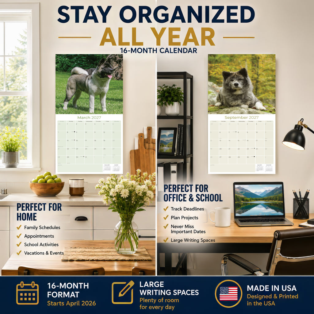 Akita Wall Calendar 2027 - 12" x 12" Monthly Japanese Guard Dog & Companion Breed Calendar