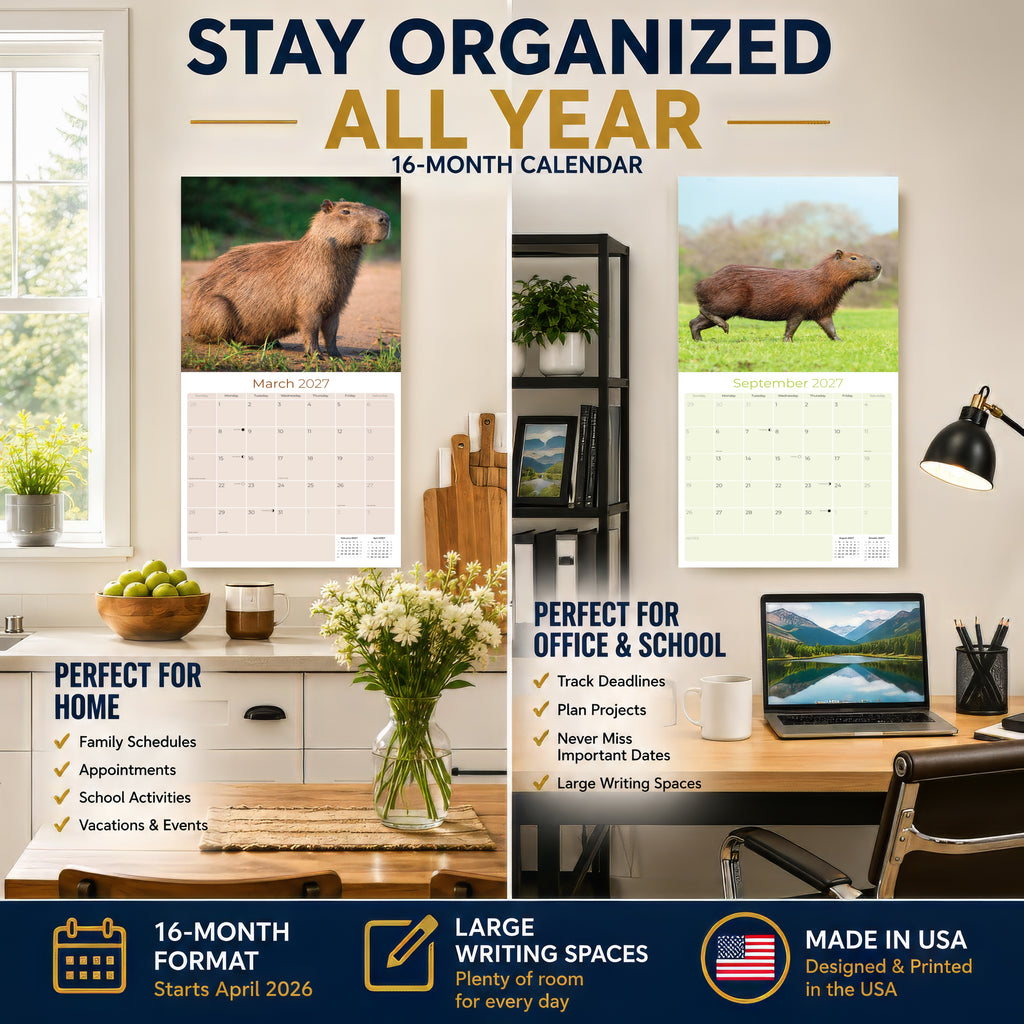 Capybara Wall Calendar 2027 - 12" x 12" Monthly Gentle Social Giant Exotic Rodent Calendar