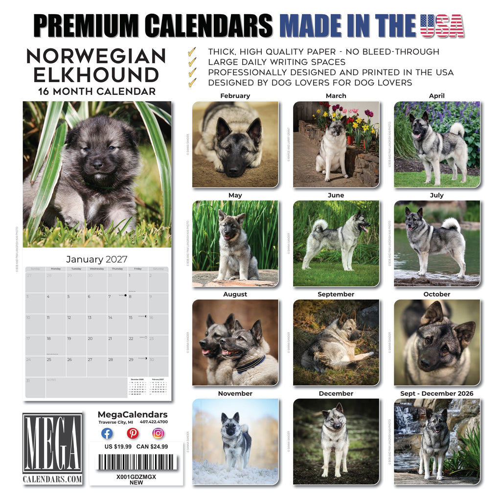 Norwegian Elkhound Wall Calendar 2027 - 12" x 12" Monthly Bold Silver-Grey & Viking Heritage Hound Calendar