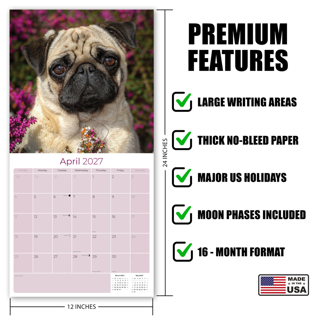 Pug Wall Calendar 2027 - 12" x 12" Monthly Charming & Mischievous Pug Dog Breed Calendar