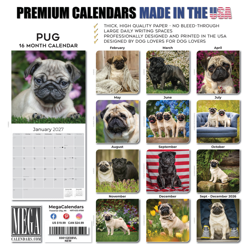 Pug Wall Calendar 2027 - 12" x 12" Monthly Charming & Mischievous Pug Dog Breed Calendar