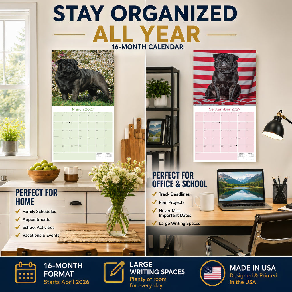 Pug Wall Calendar 2027 - 12" x 12" Monthly Charming & Mischievous Pug Dog Breed Calendar