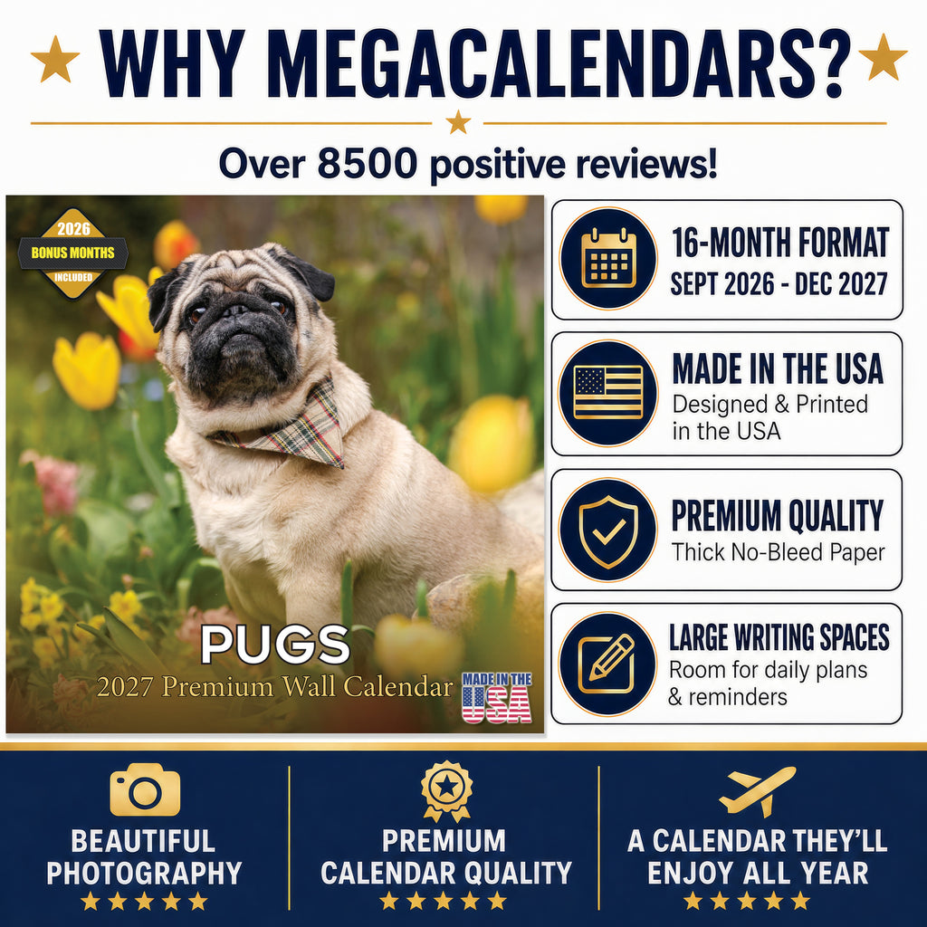 Pug Wall Calendar 2027 - 12" x 12" Monthly Charming & Mischievous Pug Dog Breed Calendar