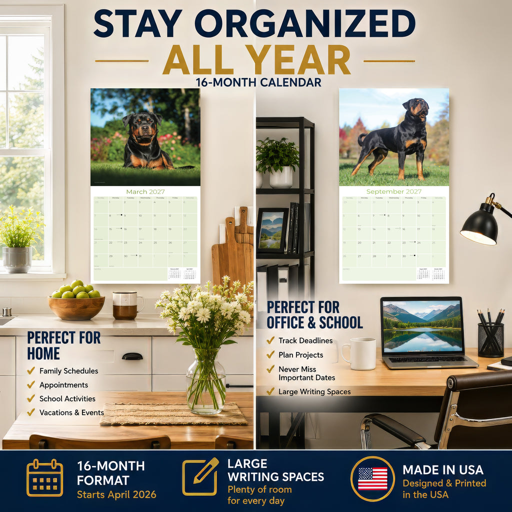 Rottweiler Wall Calendar 2027 - 12" x 12" Monthly Loyal & Protective Rottie Dog Breed Calendar