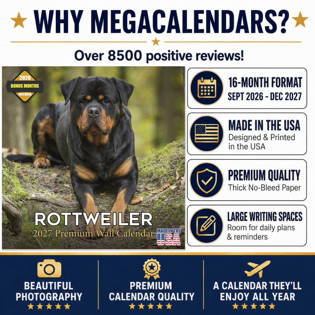 Rottweiler Wall Calendar 2027 - 12" x 12" Monthly Loyal & Protective Rottie Dog Breed Calendar