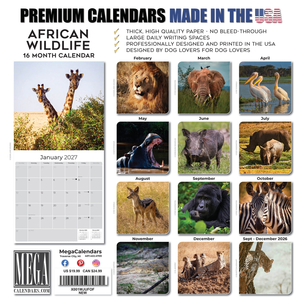 African Wildlife Wall Calendar 2027 - 12" x 12" Monthly Safari & Great Migration Photography Calendar