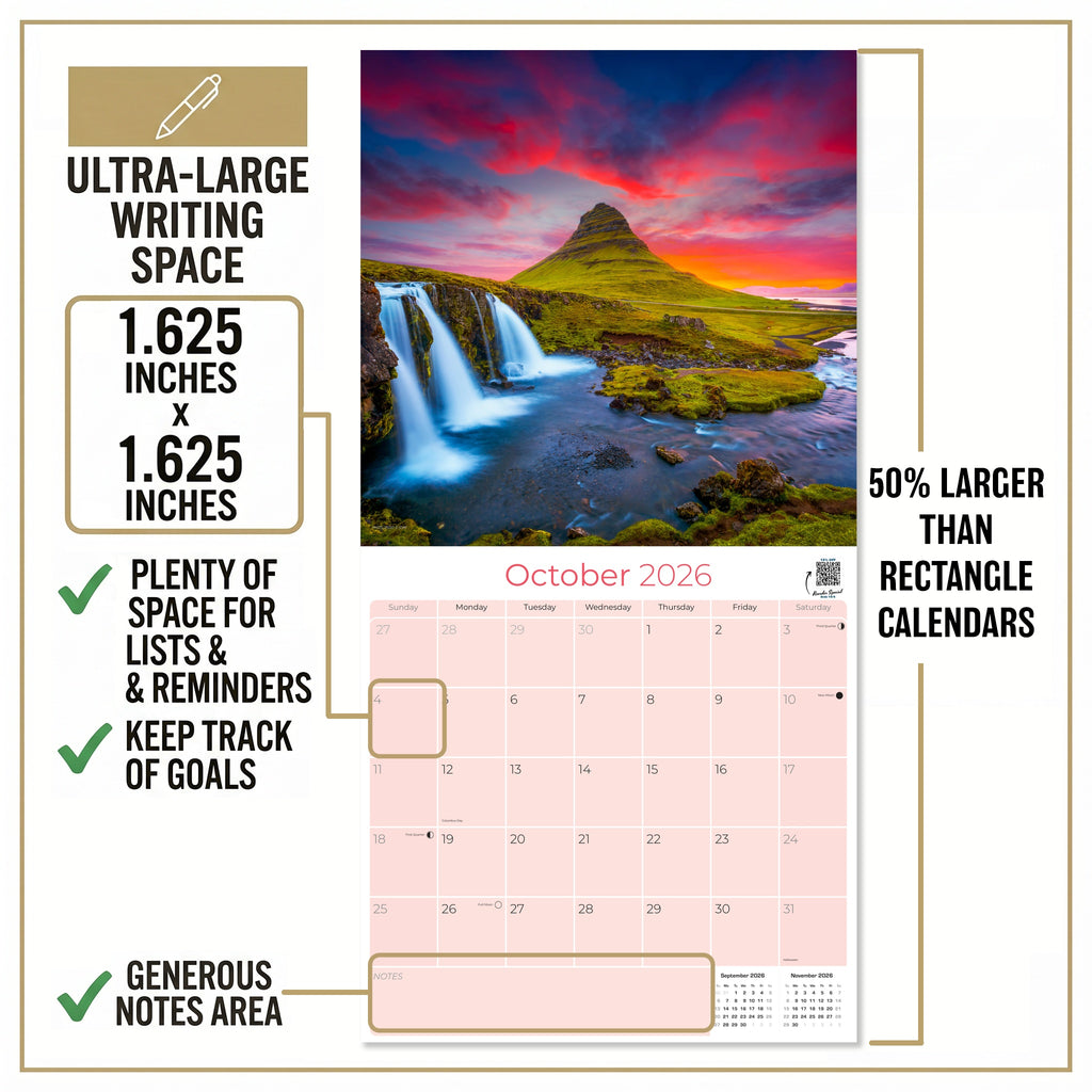 Iceland Wall Calendar 2027 - 12" x 12" Monthly Nordic Volcanic Landscapes & Arctic Travel Scenery Calendar