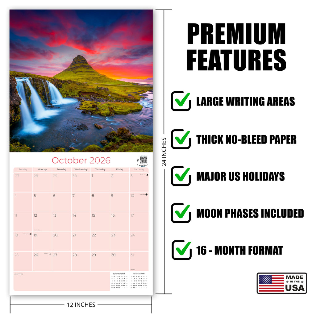 Iceland Wall Calendar 2027 - 12" x 12" Monthly Nordic Volcanic Landscapes & Arctic Travel Scenery Calendar