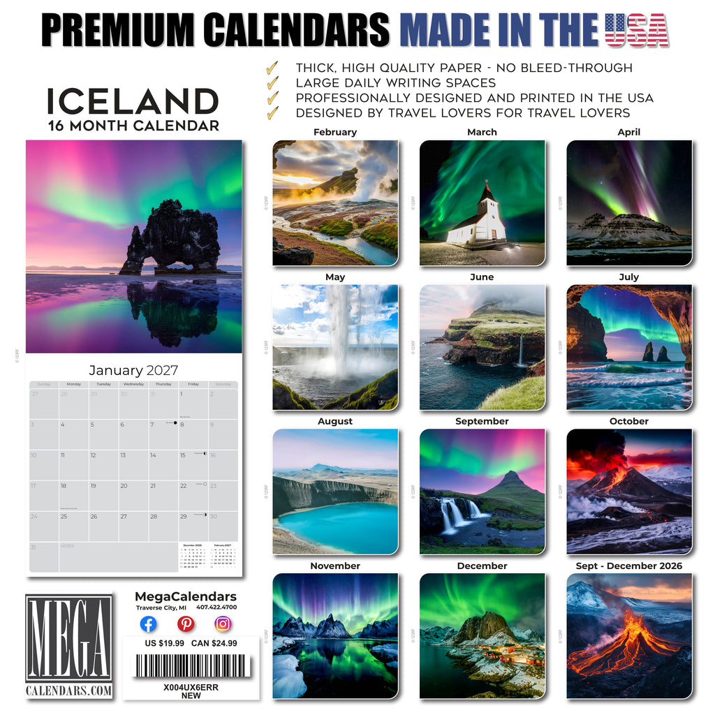 Iceland Wall Calendar 2027 - 12" x 12" Monthly Nordic Volcanic Landscapes & Arctic Travel Scenery Calendar