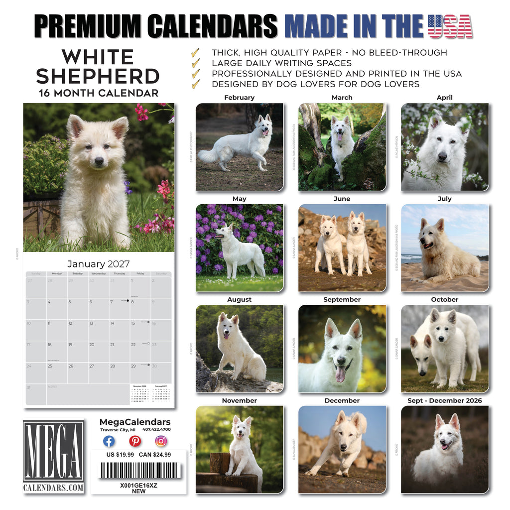 White Shepherd Wall Calendar 2027 - 12" x 12" Monthly Loyal & Noble White Shepherd Dog Breed Calendar