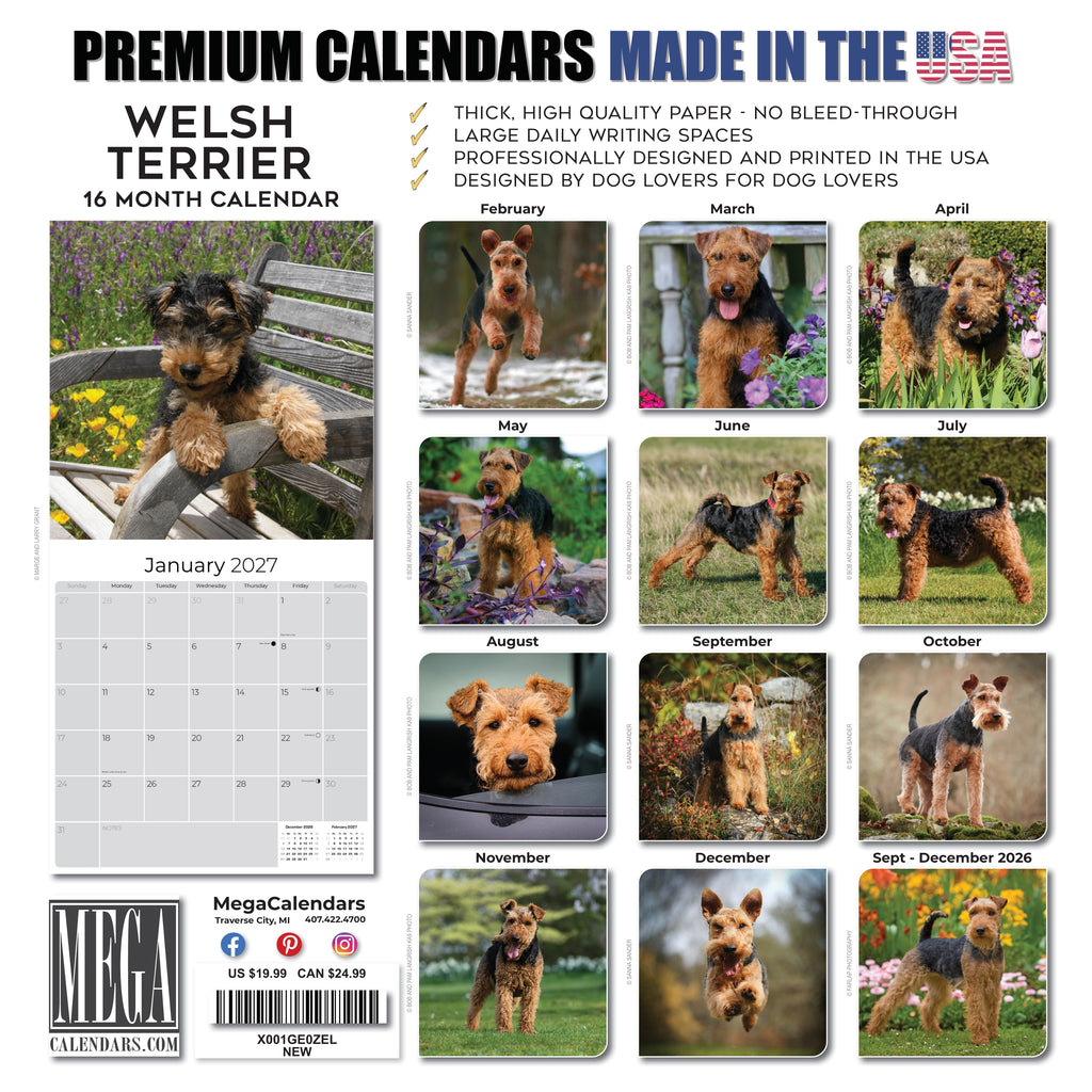 Welsh Terrier Wall Calendar 2027 - 12" x 12" Monthly Spirited & Courageous Welsh Terrier Dog Breed Calendar