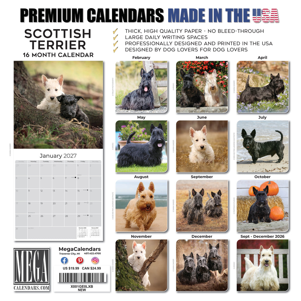 Scottish Terrier Wall Calendar 2027 - 12" x 12" Monthly Dignified & Determined Scottie Dog Breed Calendar