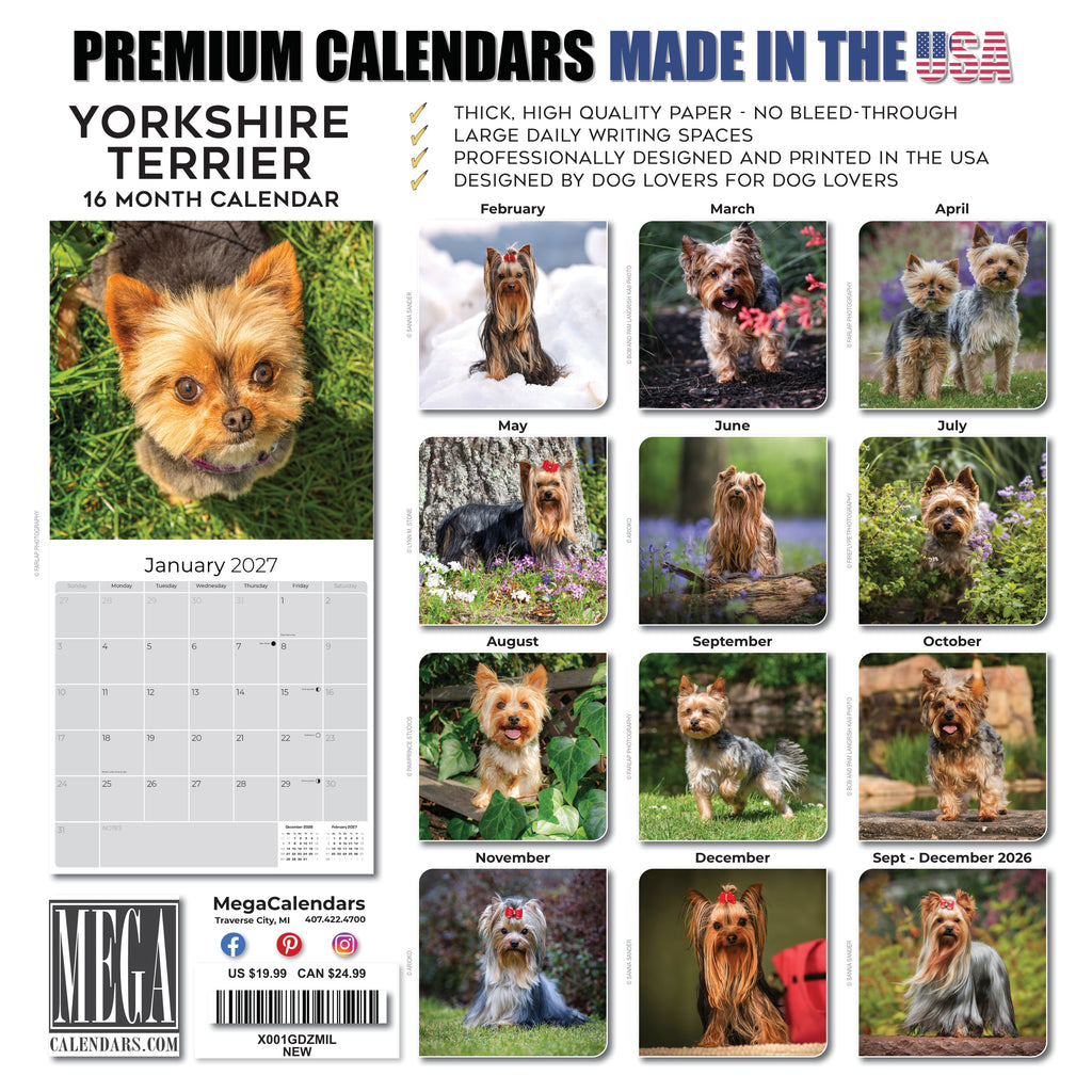 Yorkshire Terrier Wall Calendar 2027 - 12" x 12" Monthly Bold & Affectionate Yorkie Dog Breed Calendar