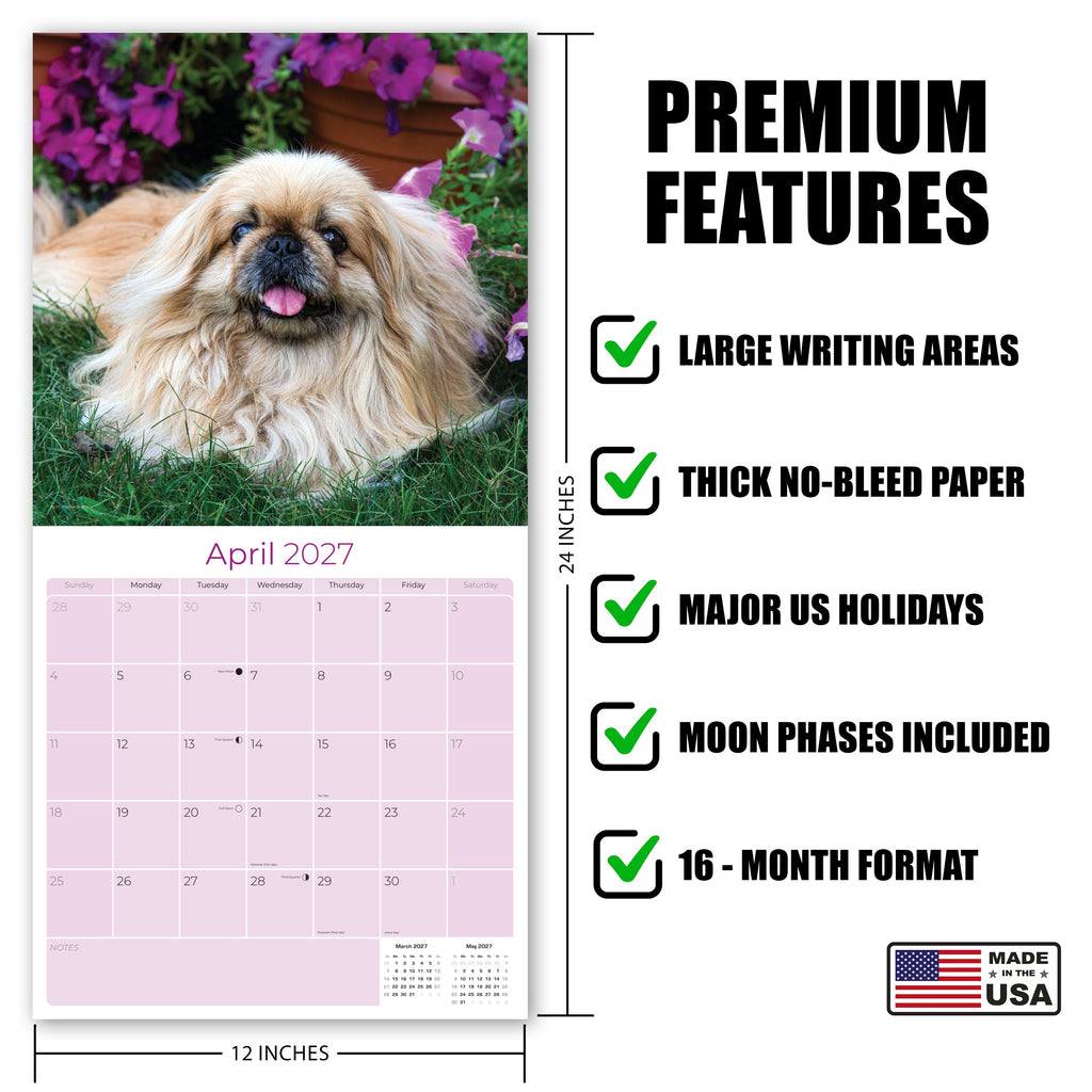 Pekingese Wall Calendar 2027 - 12" x 12" Monthly Regal Lion Dog & Ancient Toy Companion Calendar