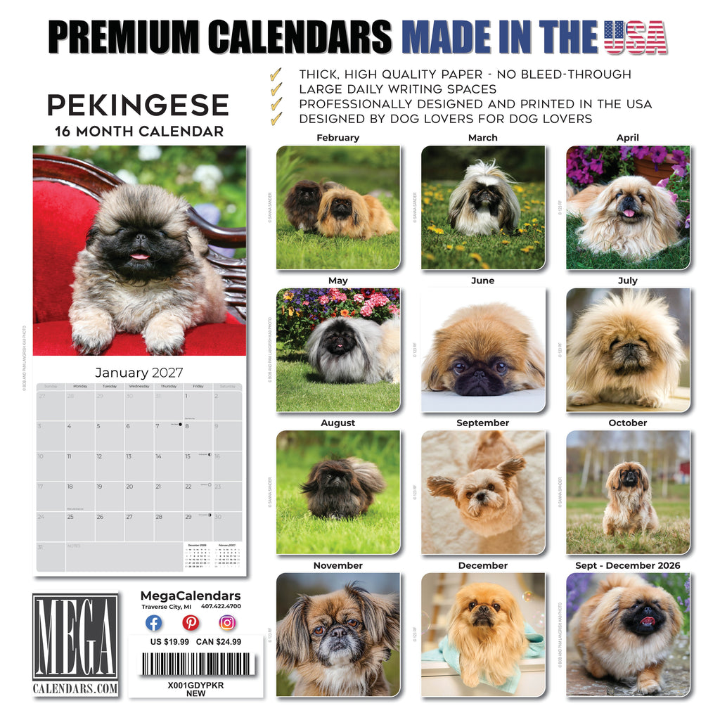 Pekingese Wall Calendar 2027 - 12" x 12" Monthly Regal Lion Dog & Ancient Toy Companion Calendar