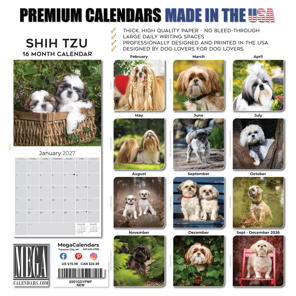 Shih Tzu Wall Calendar 2027 - 12" x 12" Monthly Affectionate & Playful Companion Dog Breed Calendar