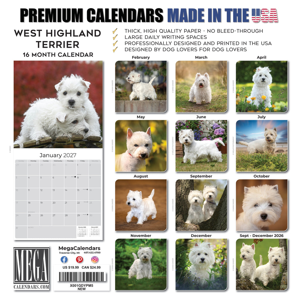 West Highland Terrier Wall Calendar 2027 - 12" x 12" Monthly Loyal & Spirited Westie Dog Breed Calendar
