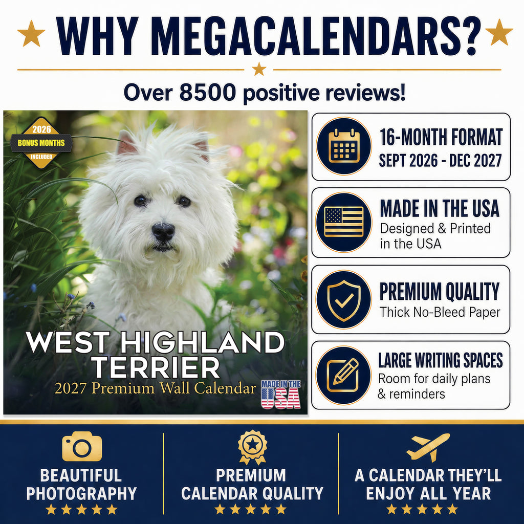 West Highland Terrier Wall Calendar 2027 - 12" x 12" Monthly Loyal & Spirited Westie Dog Breed Calendar