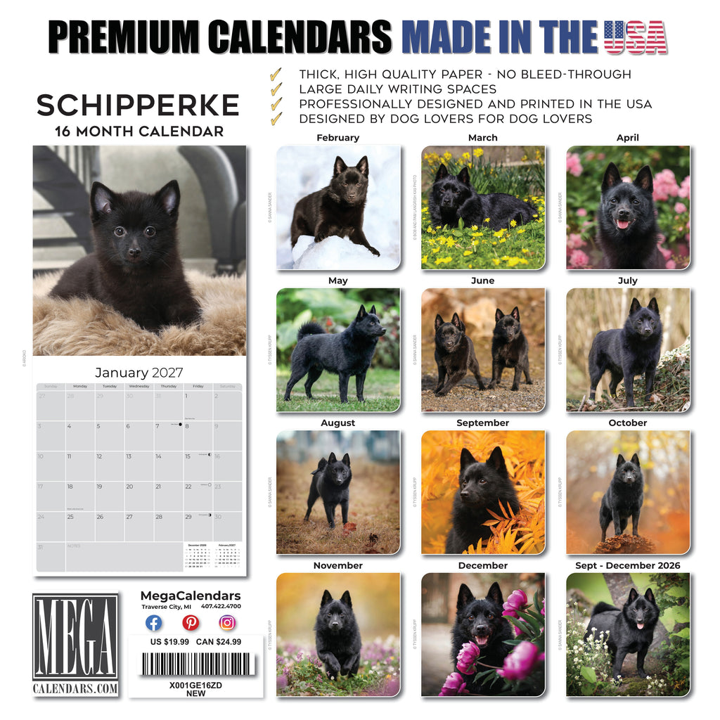 Schipperke Wall Calendar 2027 - 12" x 12" Monthly Curious & Energetic Schipperke Dog Breed Calendar
