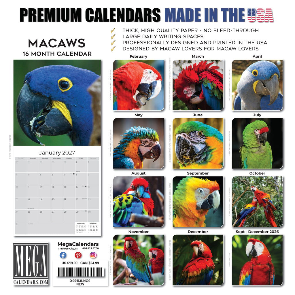Macaws Wall Calendar 2027 - 12" x 12" Monthly Bird Breed Calendar
