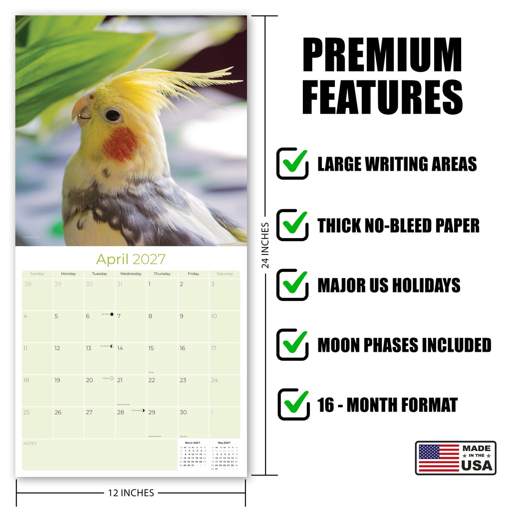 Cockatiels Wall Calendar 2027 - 12" x 12" Monthly Bird Breed Calendar