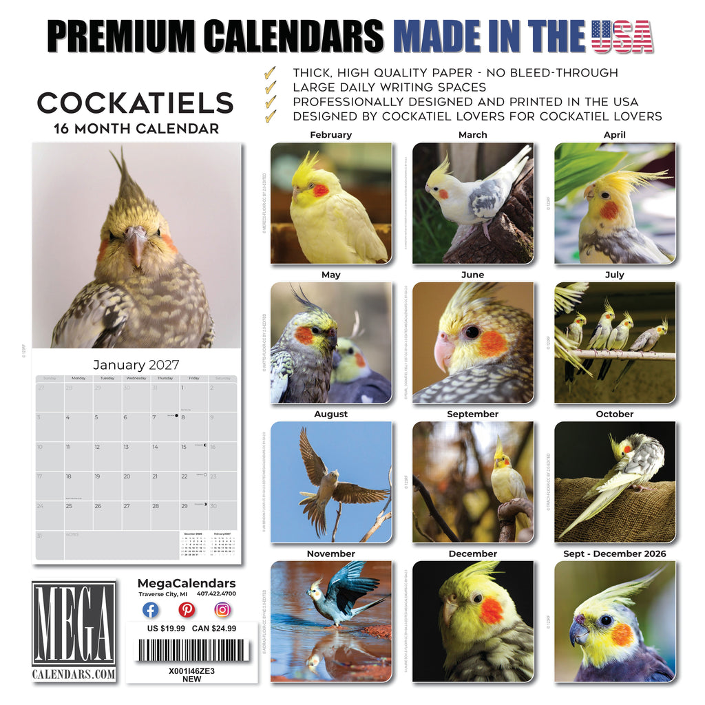 Cockatiels Wall Calendar 2027 - 12" x 12" Monthly Bird Breed Calendar