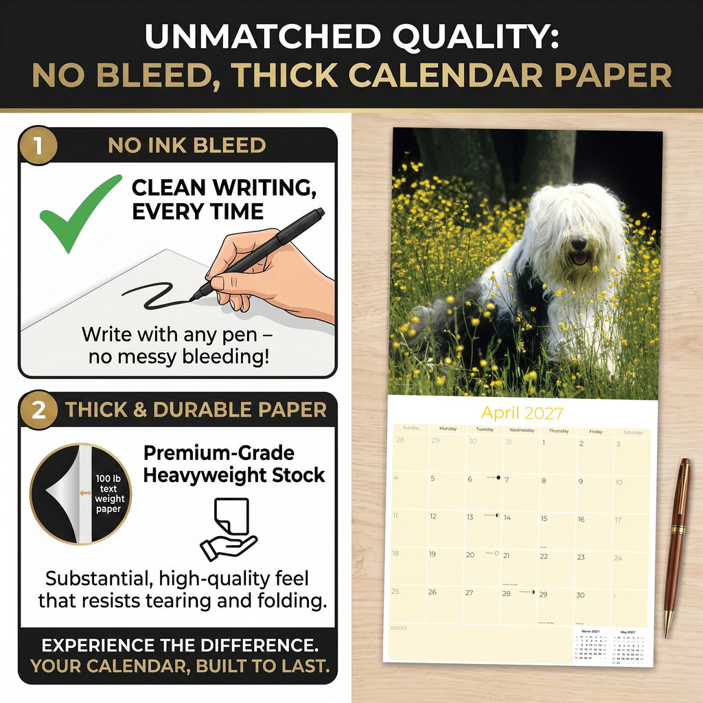 Old English Sheepdog Wall Calendar 2027 - 12" x 12" Monthly Playful Shaggy & Fluffy Bear-Like Herding Dog Calendar